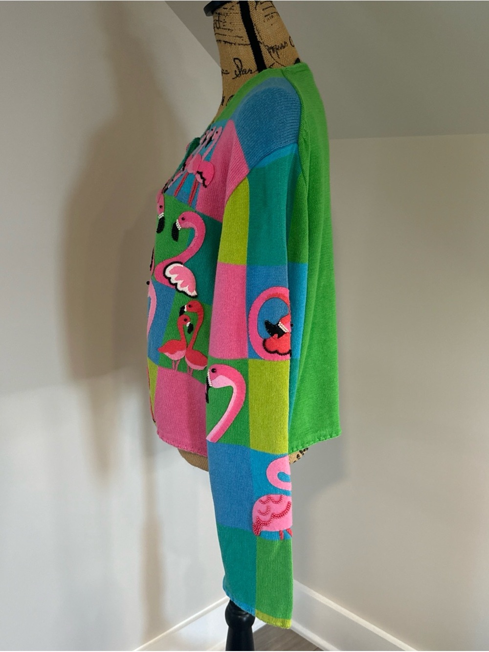 VTG Michael Simon Size XL Pink Flamingo 3D Beaded Embroidered Cardigan Sweater - Picture 2 of 11